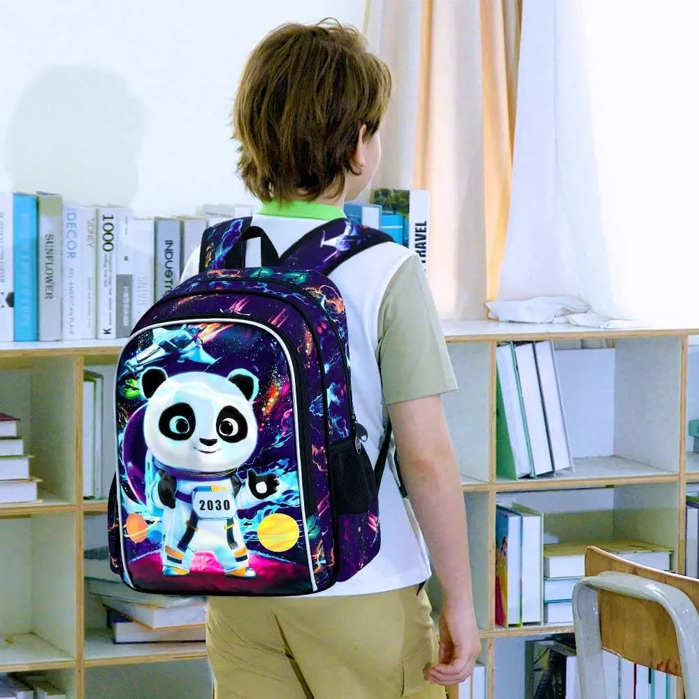 Backpack for Boys, 16" Kids Panda Bookbag with Lunch Box, 3Pcs Space School Backpacks for Elementary Preschool Kindergarten (Black)
