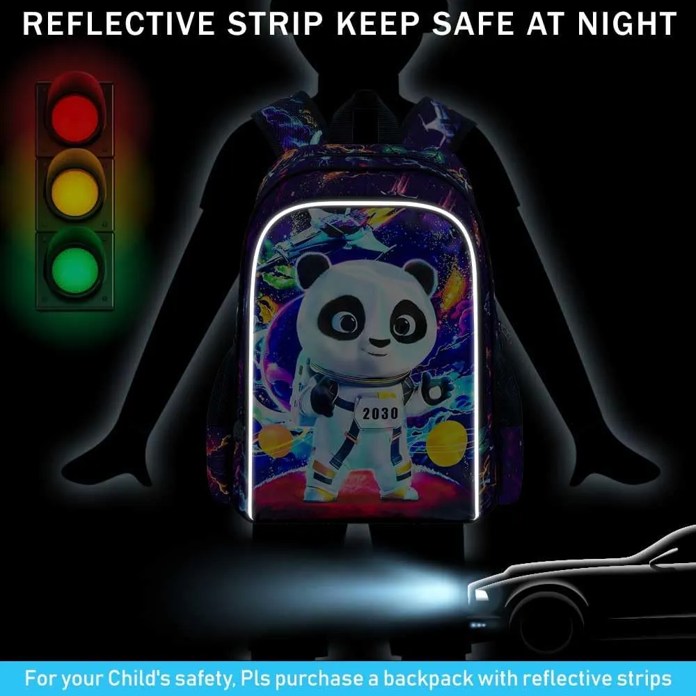 Backpack for Boys, 16" Kids Panda Bookbag with Lunch Box, 3Pcs Space School Backpacks for Elementary Preschool Kindergarten (Black)