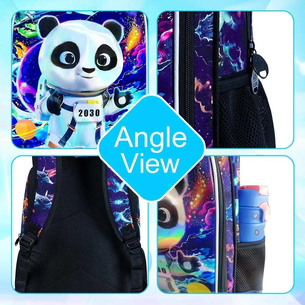 Backpack for Boys, 16" Kids Panda Bookbag with Lunch Box, 3Pcs Space School Backpacks for Elementary Preschool Kindergarten (Black)