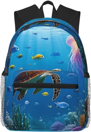 Backpack for Women Men 15.7 in, Lightweight Travel Backpack Waterproof Casual Daypack Laptop Computer Backpacks Carry On Bag Purse for Travel Business Hiking Work, Turtle Jellyfish Coral Fish