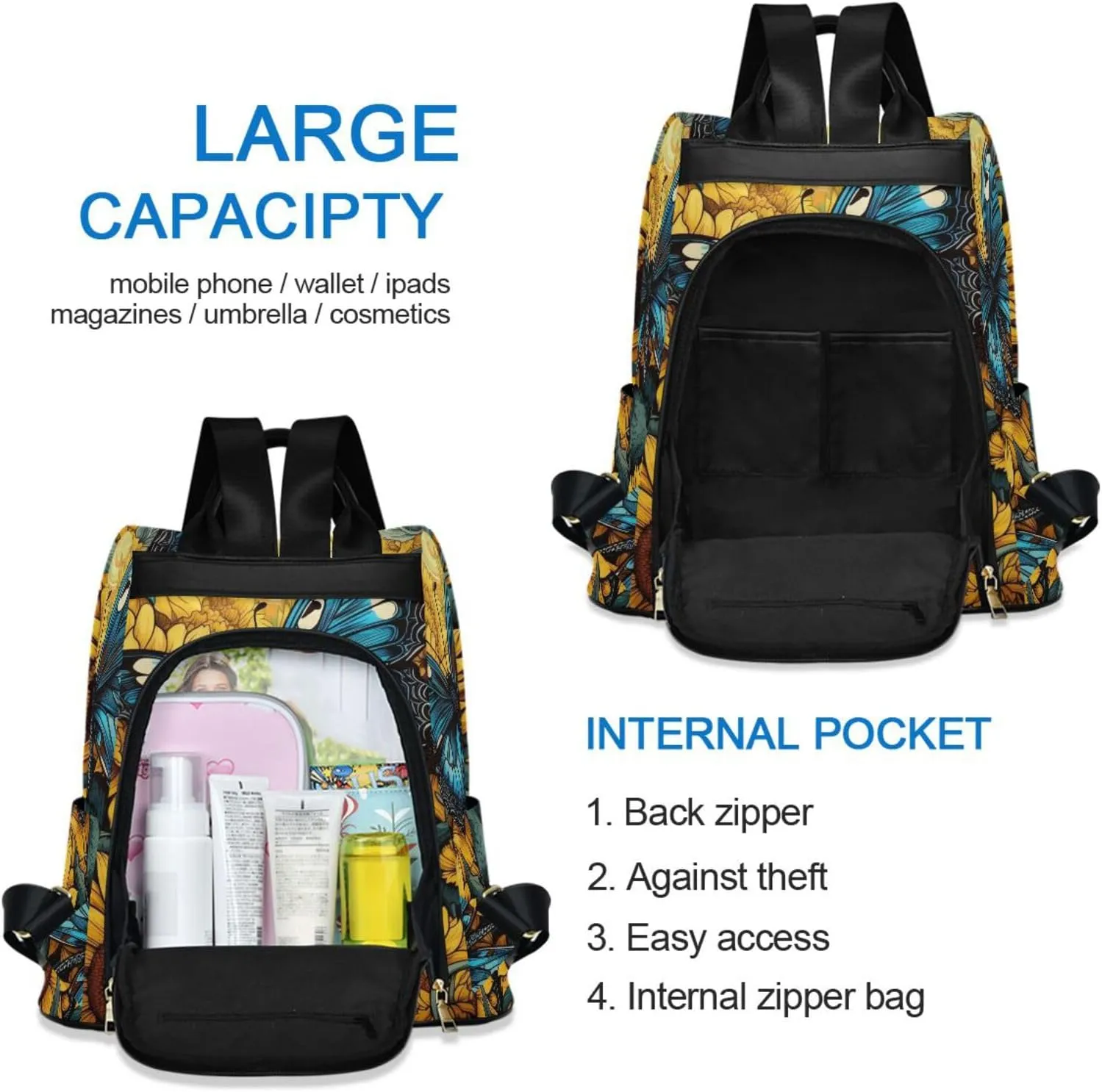 Backpack Purse for Women Anti Theft Fashion Daypack Polyester Travel Bag Shoulder Bag Butterfly 13.4 X 5.9 X 15in Pattern 2