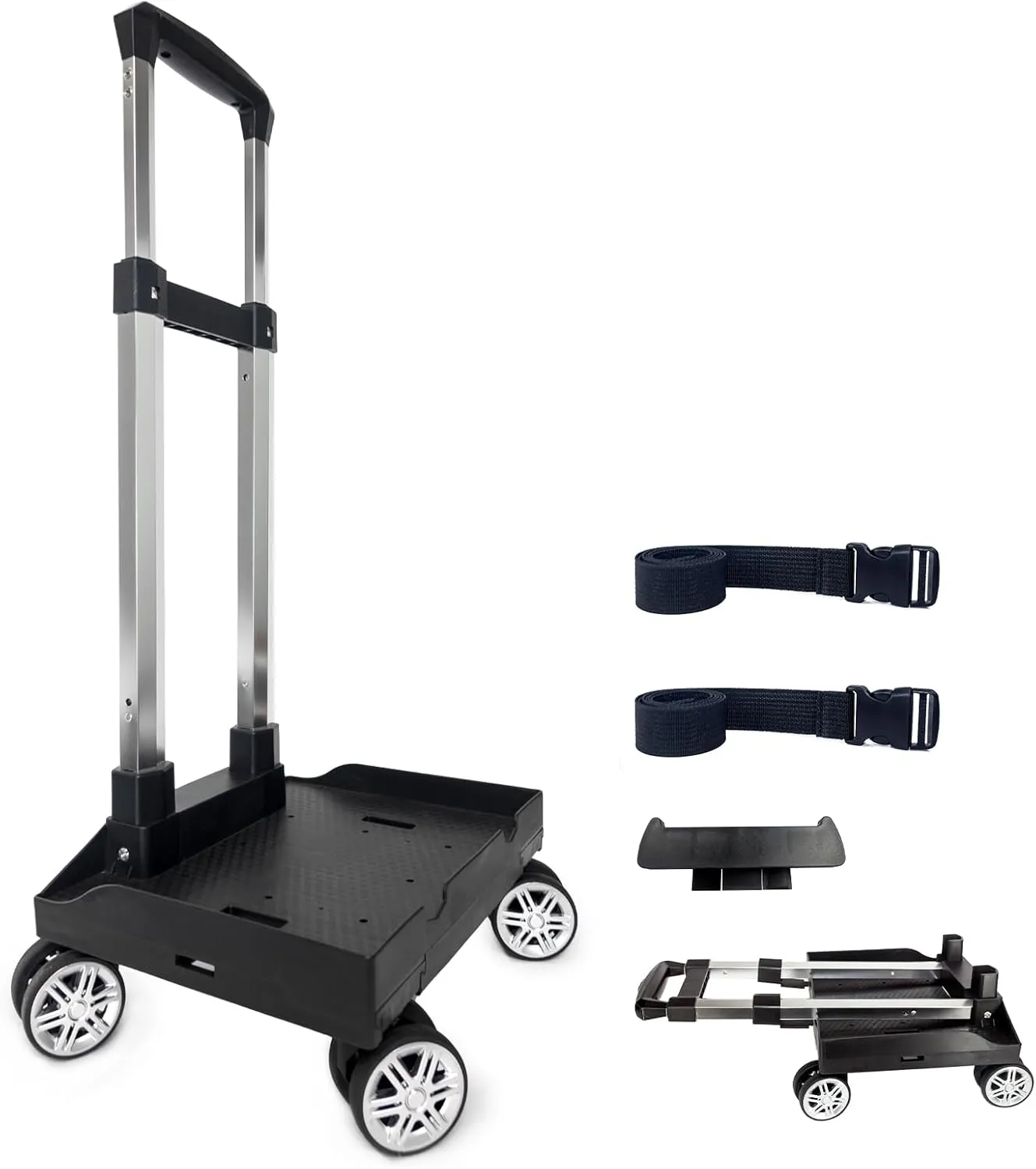 Backpack Trolley Wheeled Cart, Foldable Aluminium Alloy Hand Truck with Edge Guard Base, 4 Spinner Wheels, Luggage Cart with Luggage Strap for Teenagers, Adults, School,Luggage Trolley for Travel