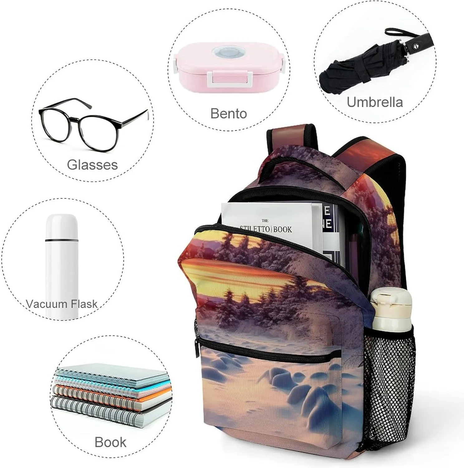 Backpacks Winter Snow Sunset Landscape Travel Bag Laptop Backpack Casual Daypack for Weekender Business Hiking