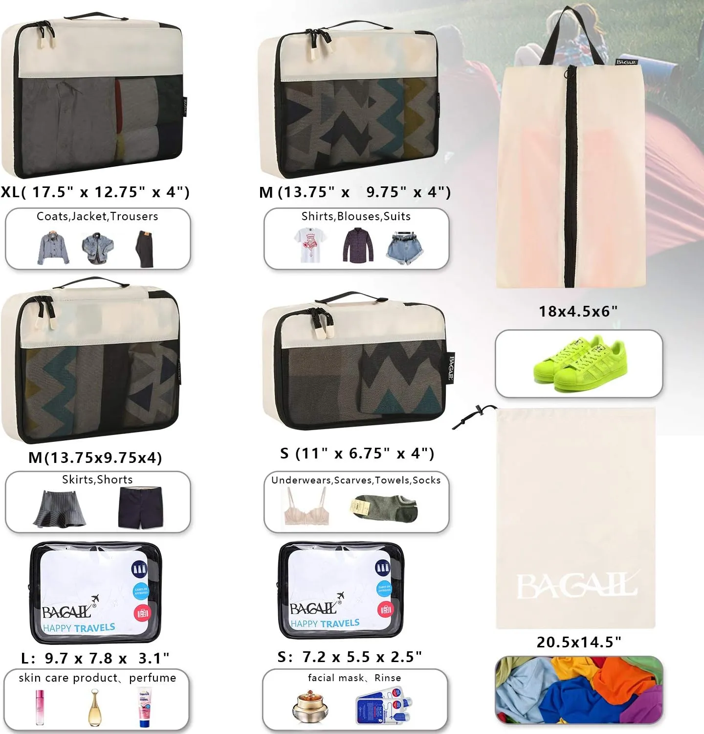 BAGAIL 8 Set/9 Set Packing Cubes Luggage Packing Organizer for Travel, Suitcase Packing Bags for Travel Accessories