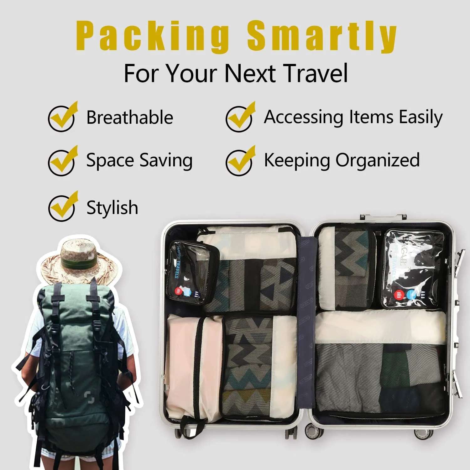BAGAIL 8 Set/9 Set Packing Cubes Luggage Packing Organizer for Travel, Suitcase Packing Bags for Travel Accessories