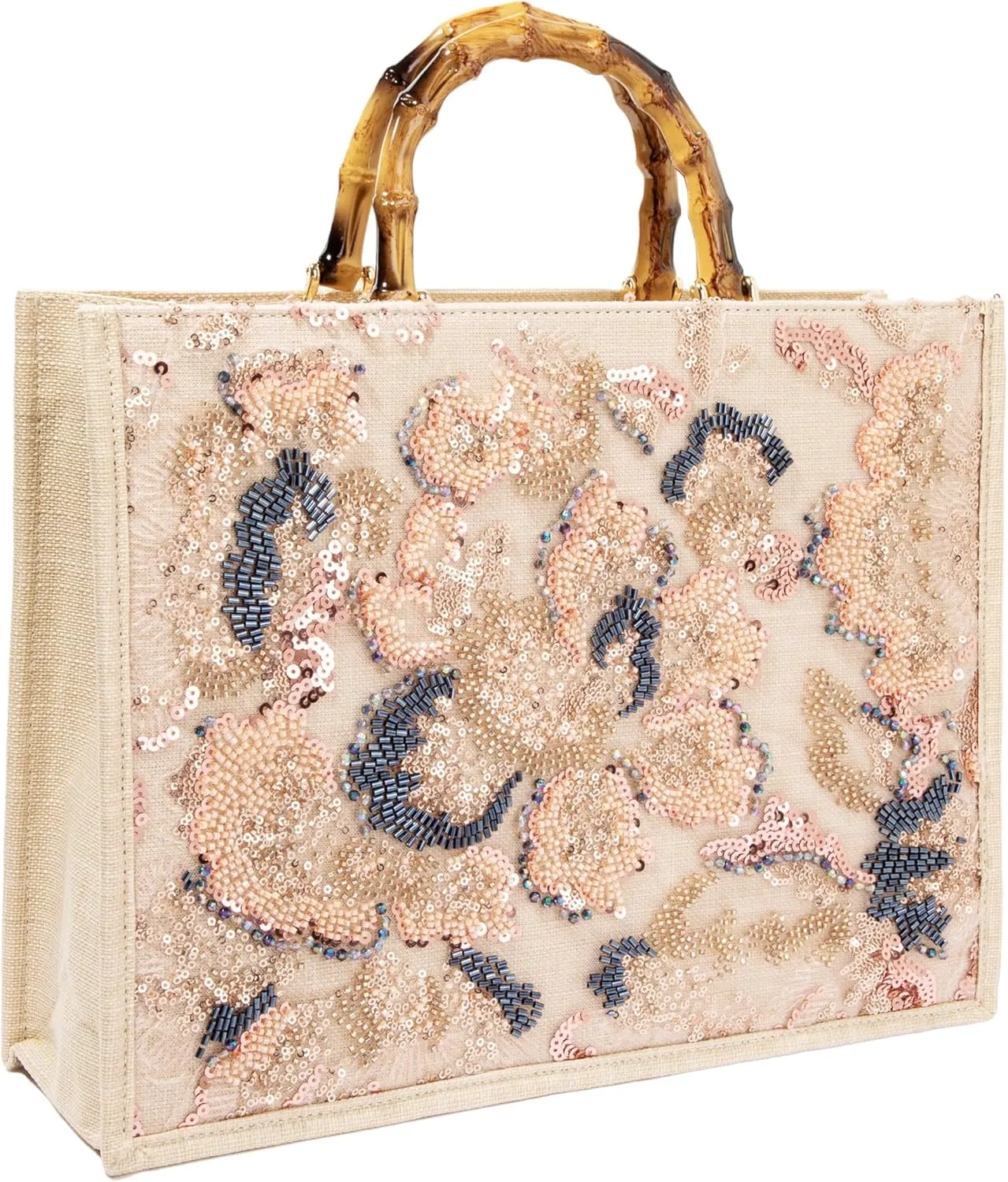Bamboo Handle Sequin Embroidered Floral Tote Bag Evening Handbag for Wedding Party