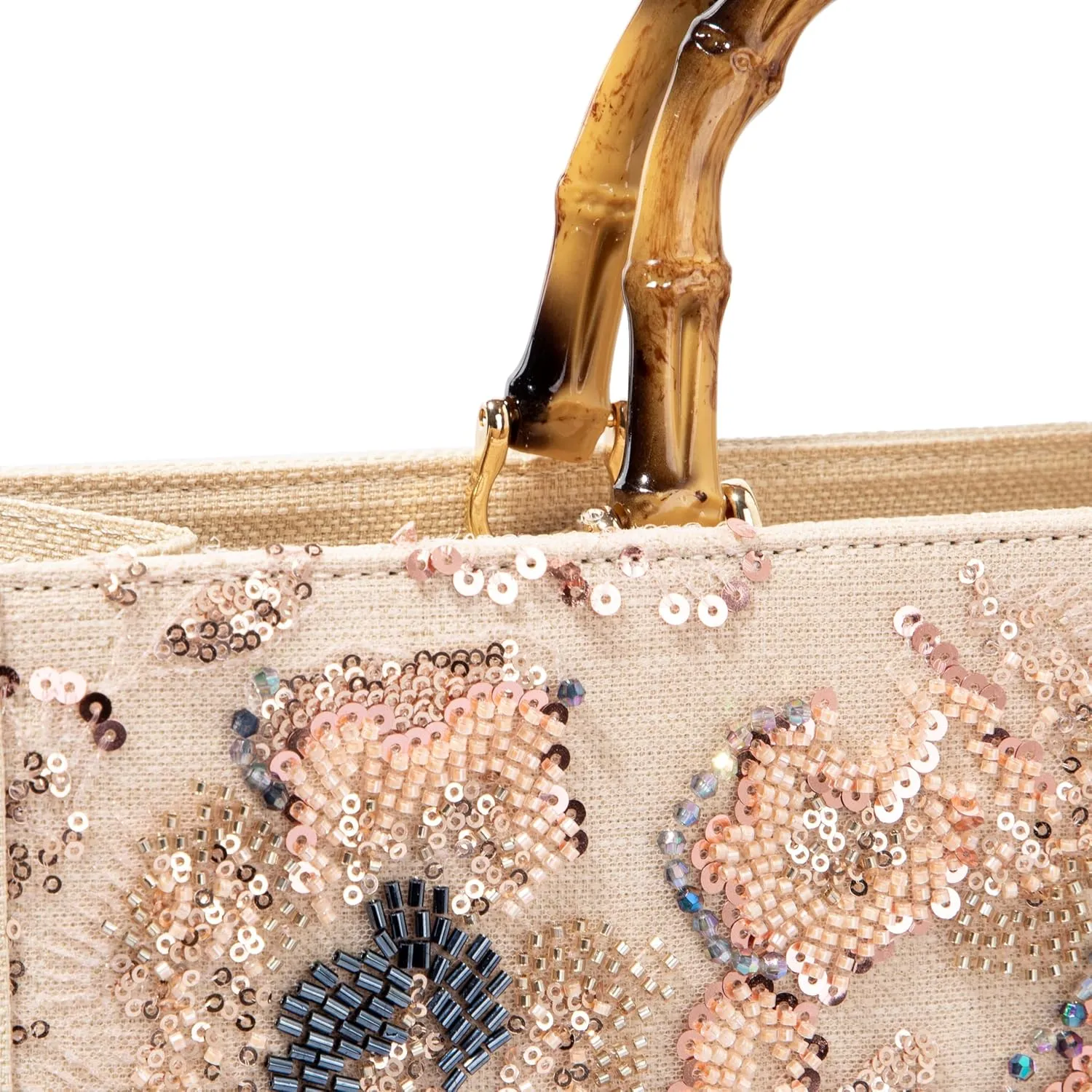 Bamboo Handle Sequin Embroidered Floral Tote Bag Evening Handbag for Wedding Party