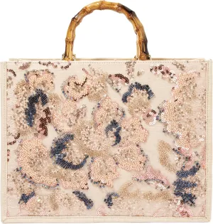 Bamboo Handle Sequin Embroidered Floral Tote Bag Evening Handbag for Wedding Party