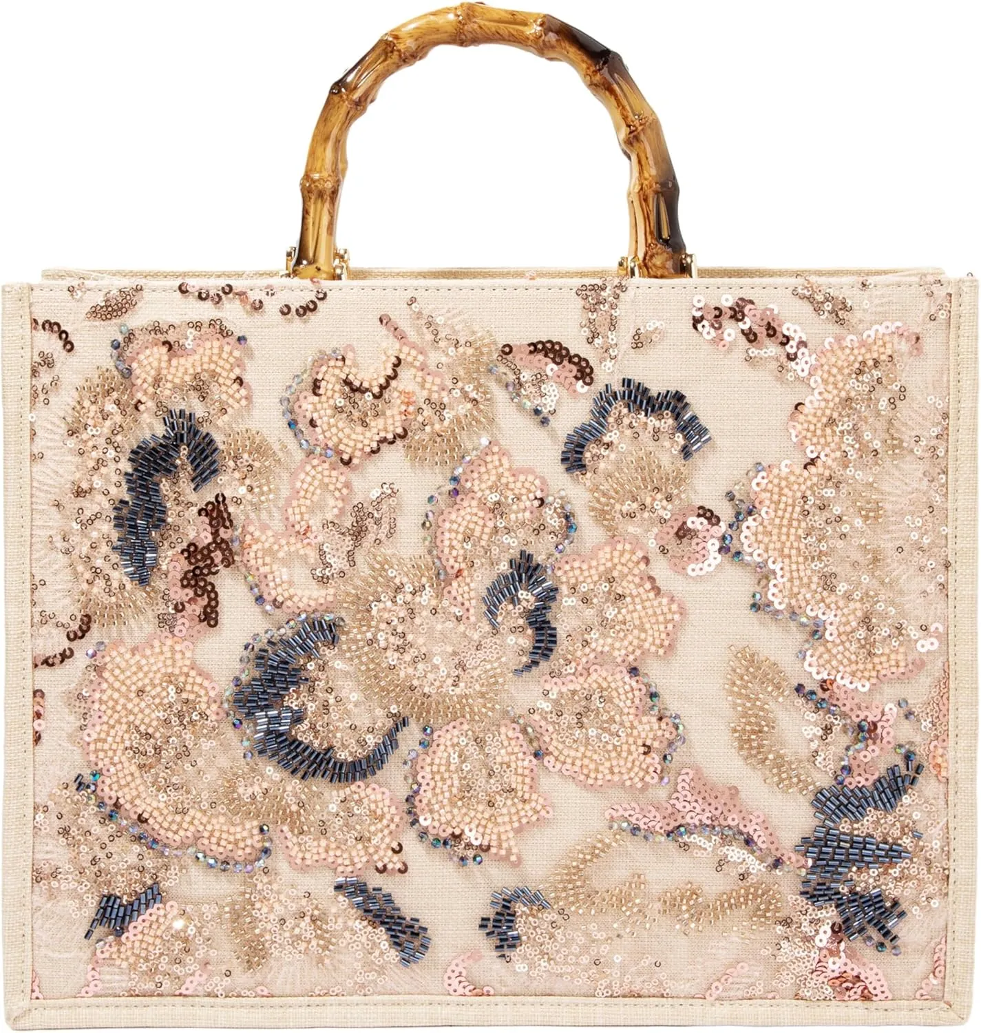 Bamboo Handle Sequin Embroidered Floral Tote Bag Evening Handbag for Wedding Party