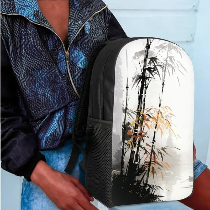 Bamboo Sketch Hand Drawing 3 in 1 School Bags Set Backpacks With Chinese Plant Ink Wash Lunch Bags and Pencil Case for Teens Students Boys Girls