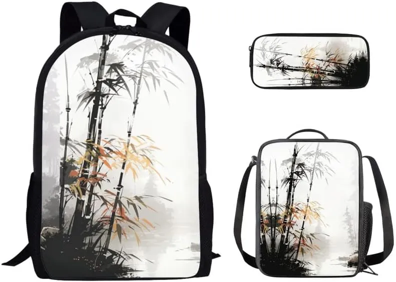 Bamboo Sketch Hand Drawing 3 in 1 School Bags Set Backpacks With Chinese Plant Ink Wash Lunch Bags and Pencil Case for Teens Students Boys Girls