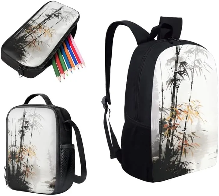 Bamboo Sketch Hand Drawing 3 in 1 School Bags Set Backpacks With Chinese Plant Ink Wash Lunch Bags and Pencil Case for Teens Students Boys Girls