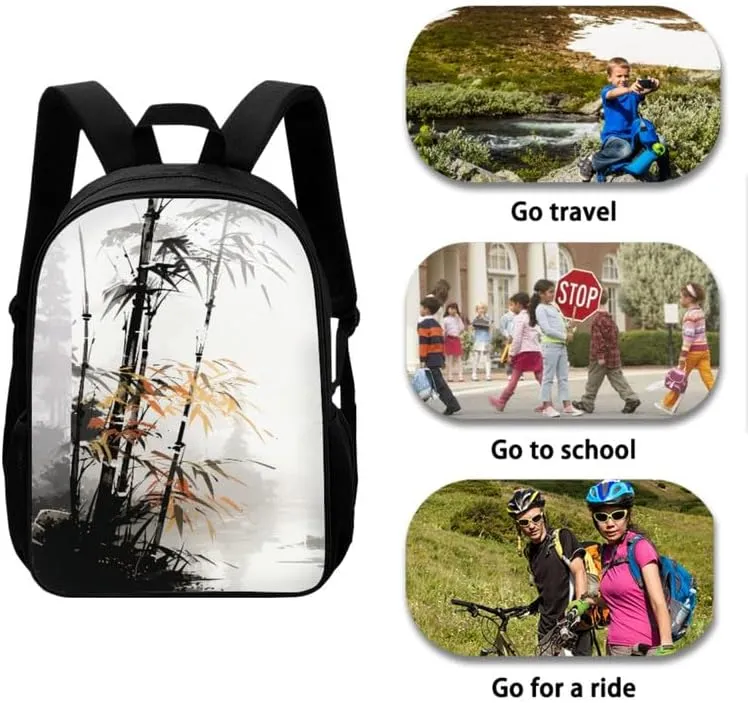 Bamboo Sketch Hand Drawing 3 in 1 School Bags Set Backpacks With Chinese Plant Ink Wash Lunch Bags and Pencil Case for Teens Students Boys Girls