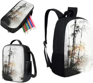 Bamboo Sketch Hand Drawing 3 in 1 School Bags Set Backpacks With Chinese Plant Ink Wash Lunch Bags and Pencil Case for Teens Students Boys Girls