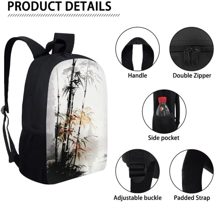 Bamboo Sketch Hand Drawing 3 in 1 School Bags Set Backpacks With Chinese Plant Ink Wash Lunch Bags and Pencil Case for Teens Students Boys Girls