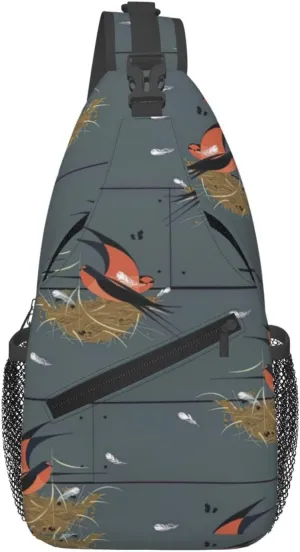 barn swallow in graphite print Cross bag, chest crossbody bag, men's cross chest bag, adjustable outdoor travel bag