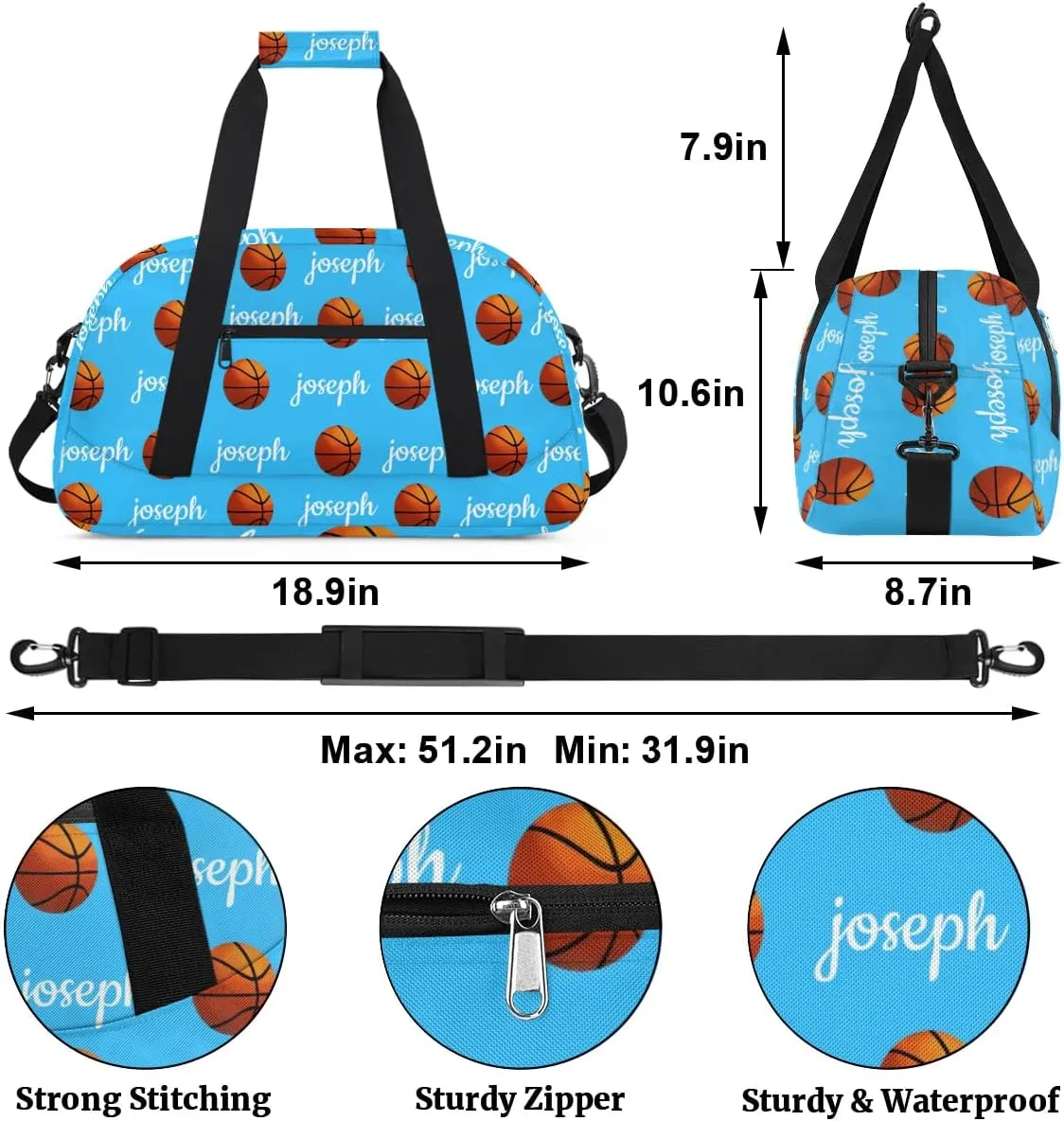 Basketball Custom Name Sport Gym Bag Personalized Overnight Duffel Bag for Boys Girls Weekender Bags Carry On Training Bag, Blue