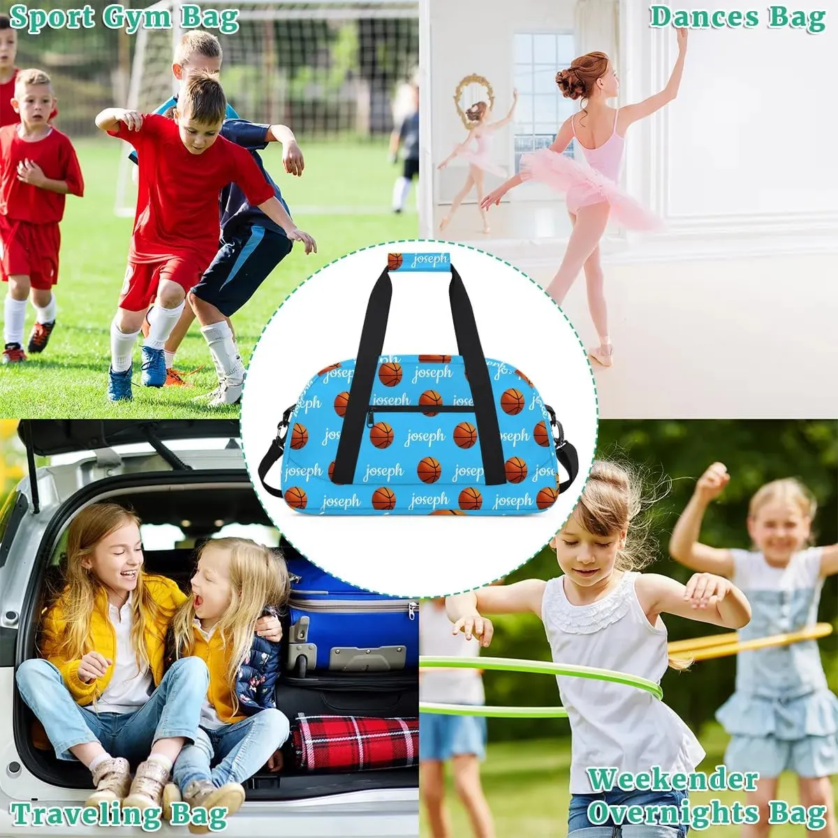 Basketball Custom Name Sport Gym Bag Personalized Overnight Duffel Bag for Boys Girls Weekender Bags Carry On Training Bag, Blue