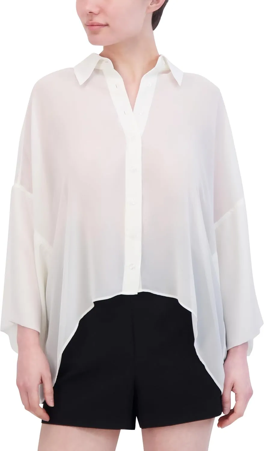 BCBGMAXAZRIA Women's 3/4 Sleeve Collar Neck Button Up Cape Top