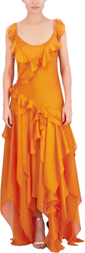 BCBGMAXAZRIA Women's Scoop Neck Sleeveless Ruffle Maxi Cocktail Dress