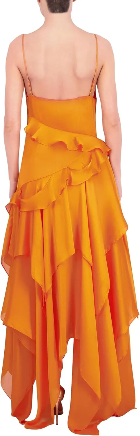 BCBGMAXAZRIA Women's Scoop Neck Sleeveless Ruffle Maxi Cocktail Dress