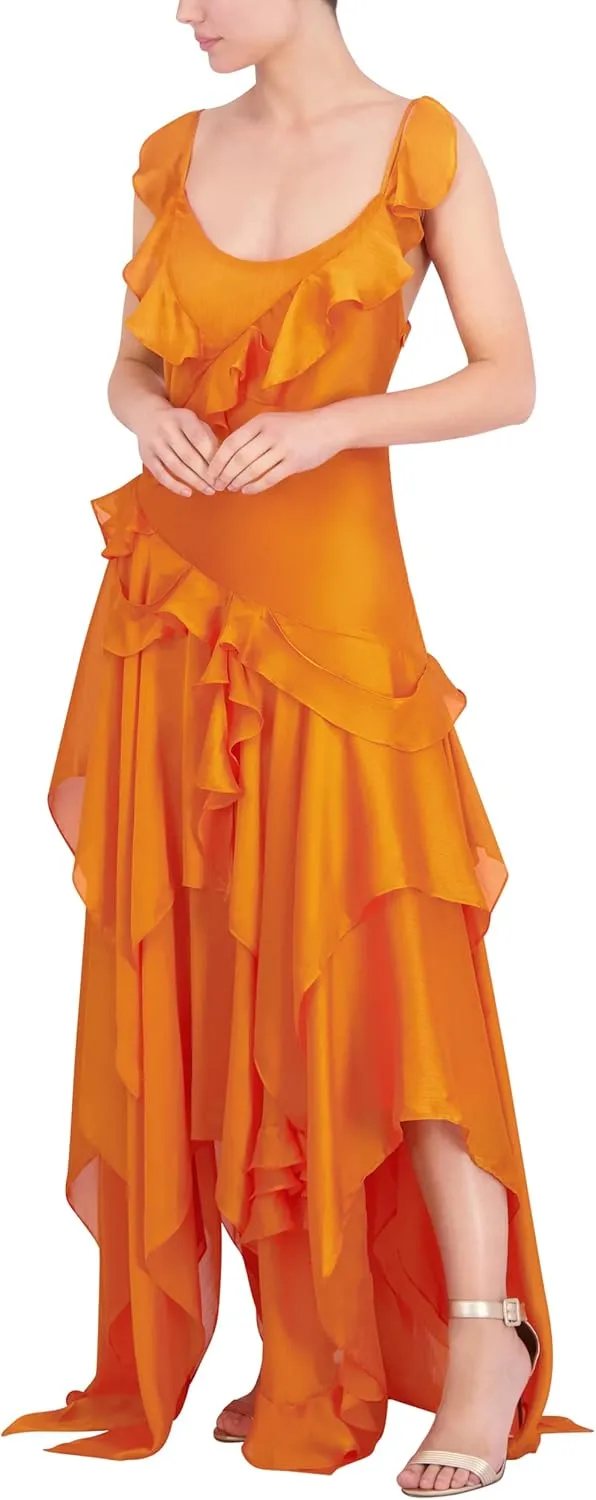 BCBGMAXAZRIA Women's Scoop Neck Sleeveless Ruffle Maxi Cocktail Dress
