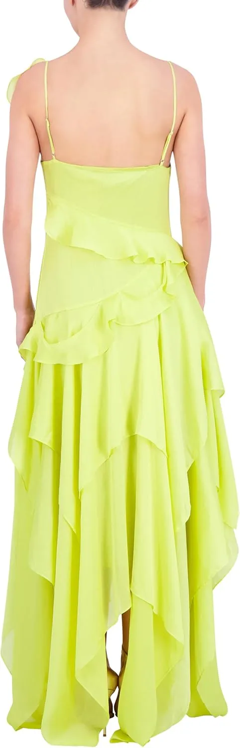 BCBGMAXAZRIA Women's Scoop Neck Sleeveless Ruffle Maxi Cocktail Dress