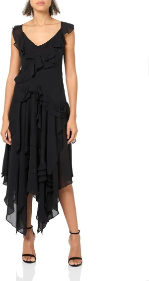 BCBGMAXAZRIA Women's Scoop Neck Sleeveless Ruffle Maxi Cocktail Dress