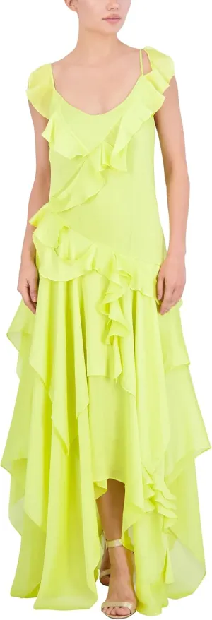BCBGMAXAZRIA Women's Scoop Neck Sleeveless Ruffle Maxi Cocktail Dress