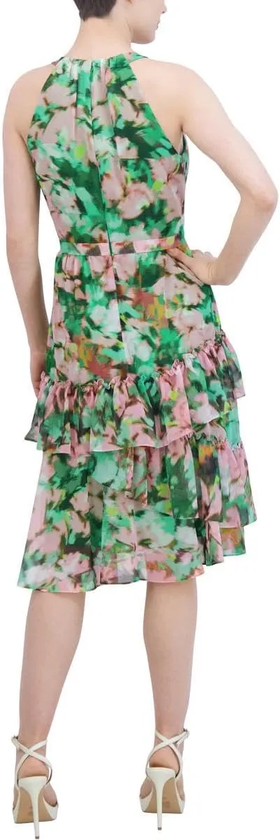 BCBGMAXAZRIA Women's Sleeveless Halter Neck Tiered Ruffle Maxi Dress