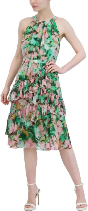 BCBGMAXAZRIA Women's Sleeveless Halter Neck Tiered Ruffle Maxi Dress