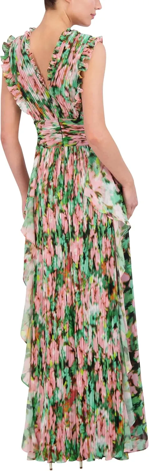 BCBGMAXAZRIA Women's Sleeveless V Neck Pleated Ruffle Maxi Gown