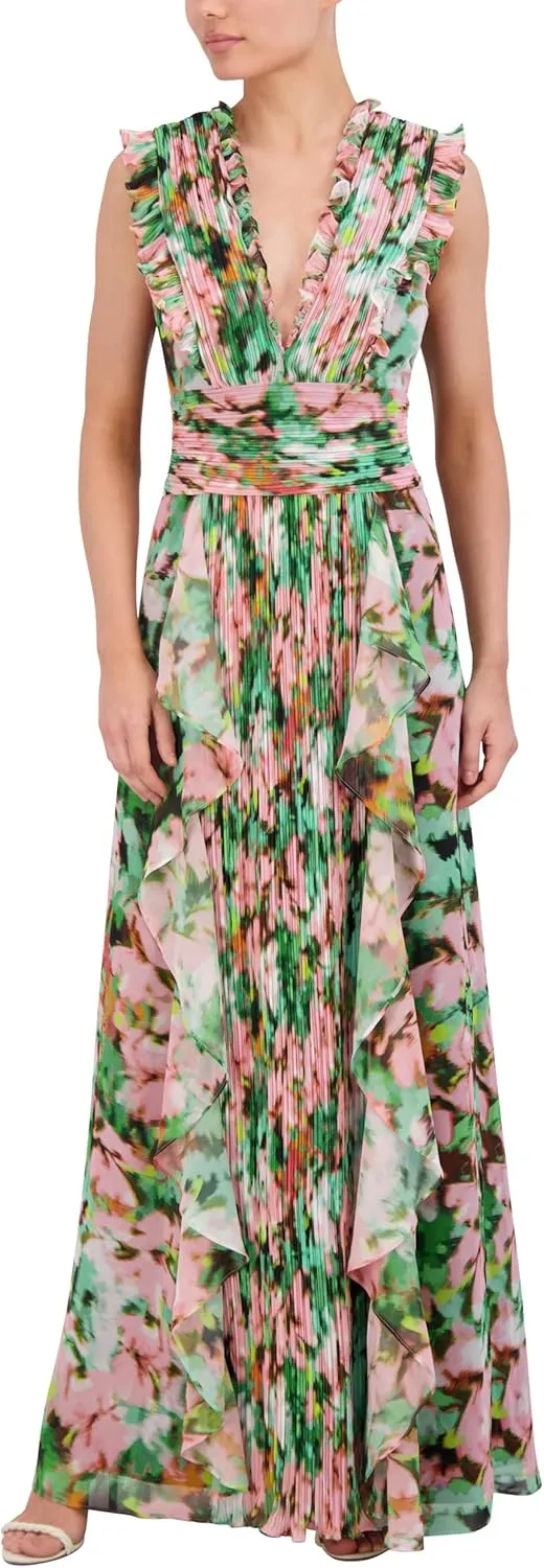 BCBGMAXAZRIA Women's Sleeveless V Neck Pleated Ruffle Maxi Gown