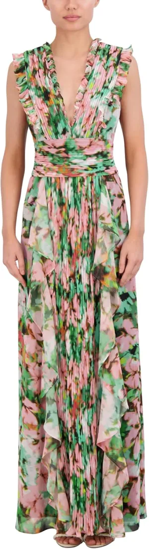 BCBGMAXAZRIA Women's Sleeveless V Neck Pleated Ruffle Maxi Gown