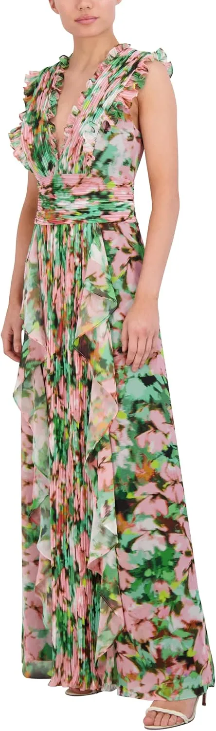 BCBGMAXAZRIA Women's Sleeveless V Neck Pleated Ruffle Maxi Gown