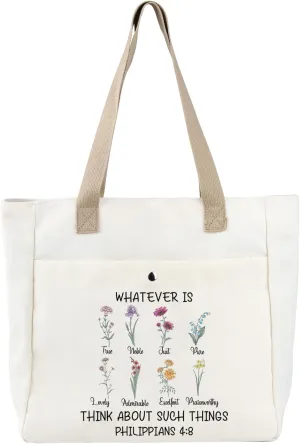 BDPWSS Christian Tote Bag Religious Gift Bible Verse Gift Whatever Is True Wildflower Philippians 4:8 Floral Bible Handbag