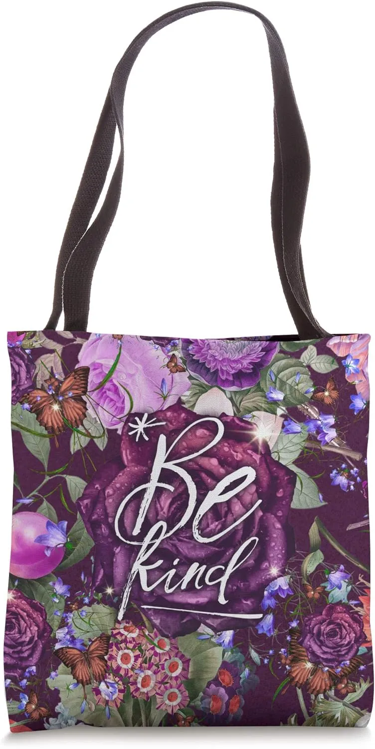 Be Kind Quote Purple Roses Pattern Butterflies Aesthetic Art Tote Bag