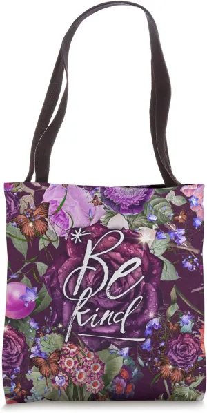 Be Kind Quote Purple Roses Pattern Butterflies Aesthetic Art Tote Bag
