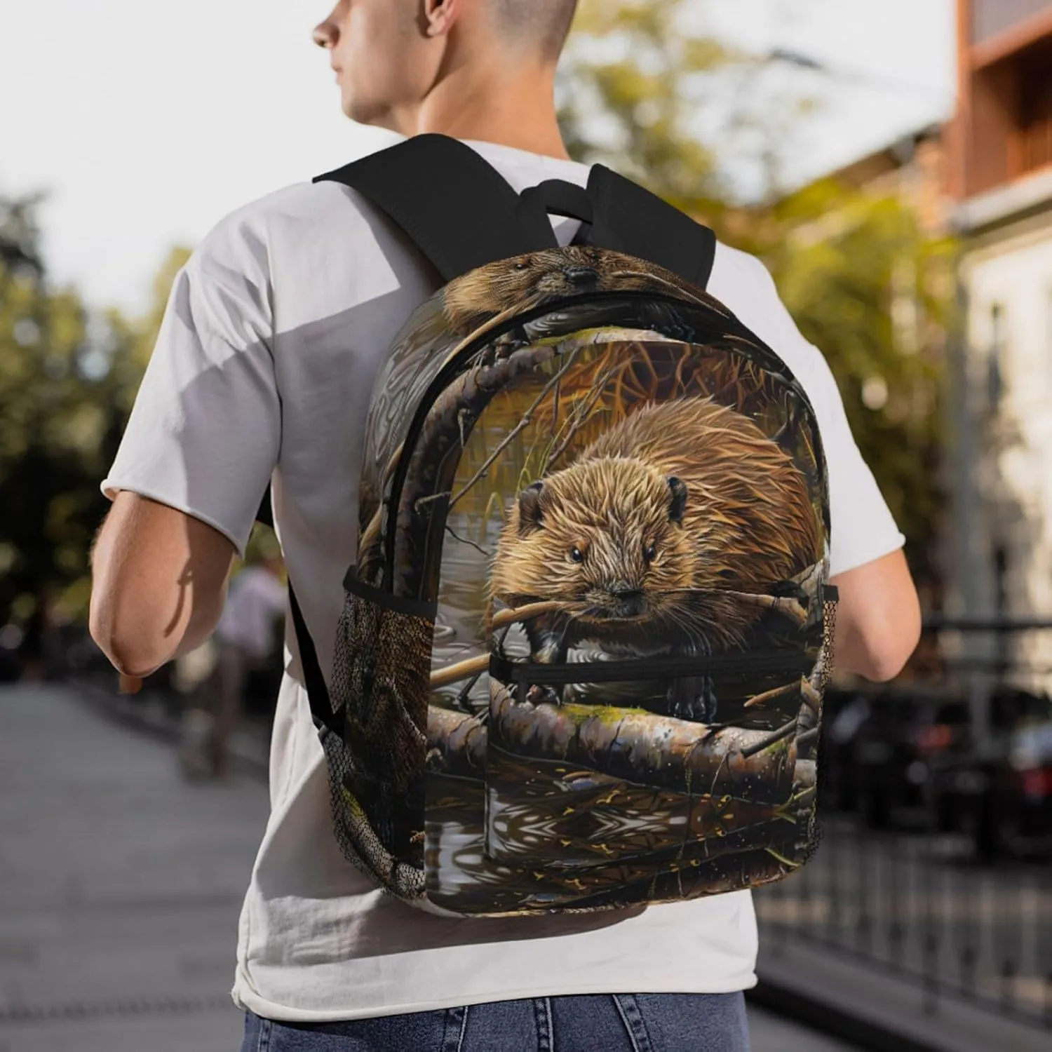beaver working print backpack Travel Laptop Backpack Cute Purse Casual Backpack work, traveling,