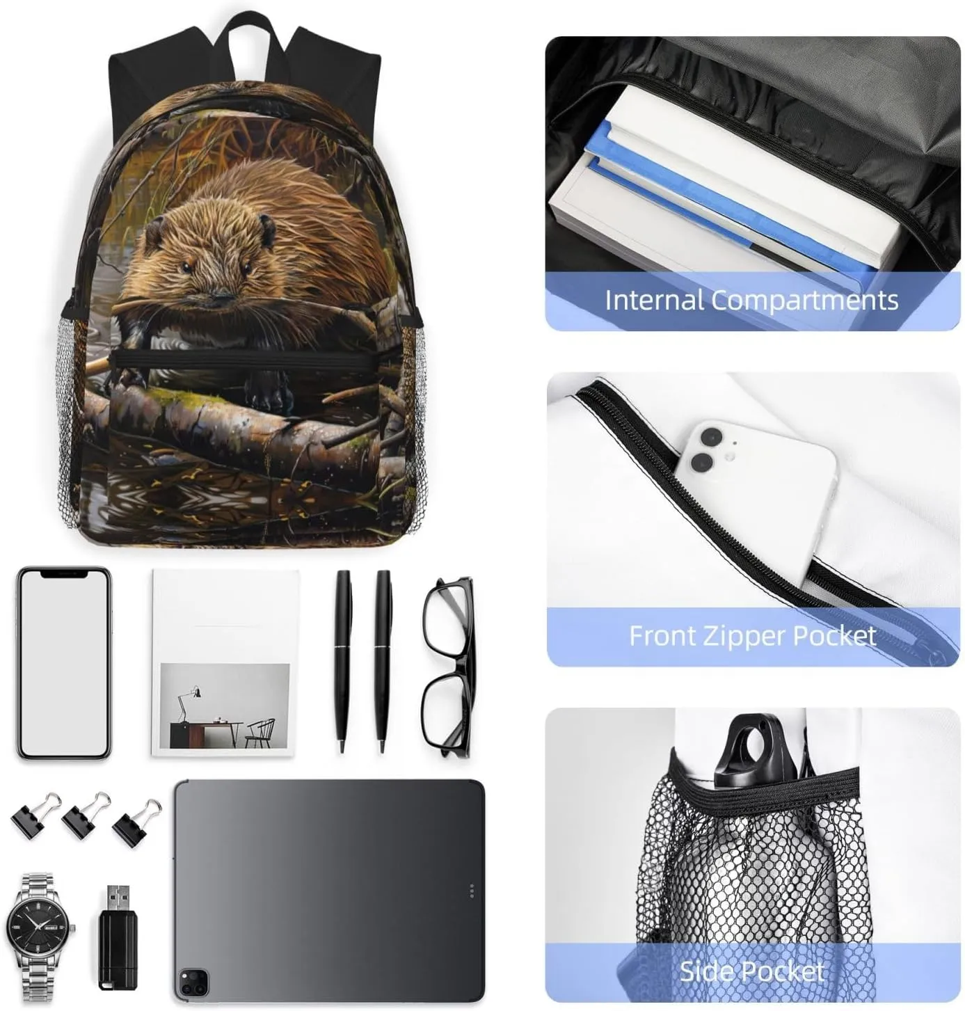 beaver working print backpack Travel Laptop Backpack Cute Purse Casual Backpack work, traveling,