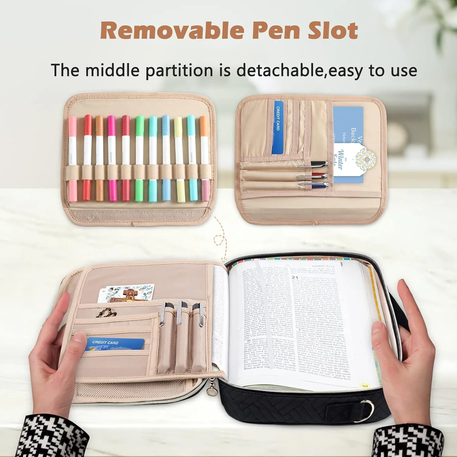 Bible Cover for Men-Bible Case for Women-Medium Bible Bags and Totes-Large Bible Carrying Case-Bible Carrier with Shoulder Strap,Detachable Pen Loops for Bible Accessories,Gift Men Women