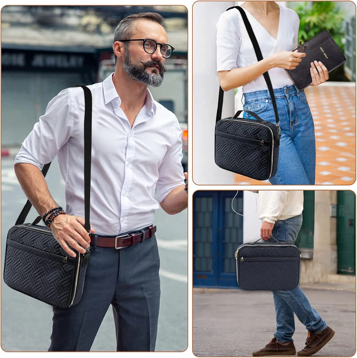 Bible Cover for Men-Bible Case for Women-Medium Bible Bags and Totes-Large Bible Carrying Case-Bible Carrier with Shoulder Strap,Detachable Pen Loops for Bible Accessories,Gift Men Women