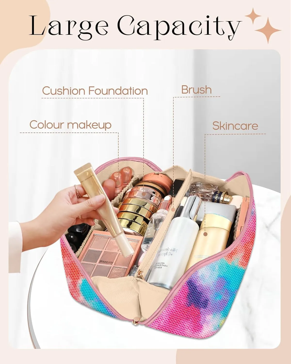 Bistup Makeup Bag Travel Cosmetic Bag Toiletry Make Up Bags Cute Women Large Capacity Big Medium Leather Iridescent Colorful Aesthetic Girl Teen Teenage Foldable Expandable Open Flat Zip