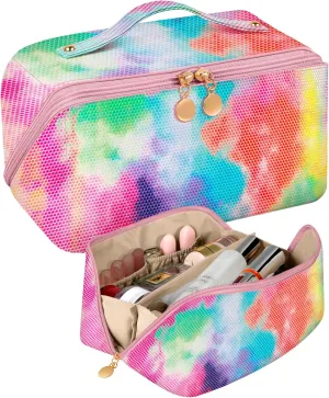 Bistup Makeup Bag Travel Cosmetic Bag Toiletry Make Up Bags Cute Women Large Capacity Big Medium Leather Iridescent Colorful Aesthetic Girl Teen Teenage Foldable Expandable Open Flat Zip