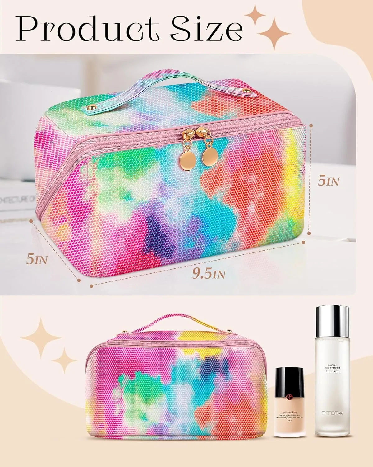 Bistup Makeup Bag Travel Cosmetic Bag Toiletry Make Up Bags Cute Women Large Capacity Big Medium Leather Iridescent Colorful Aesthetic Girl Teen Teenage Foldable Expandable Open Flat Zip