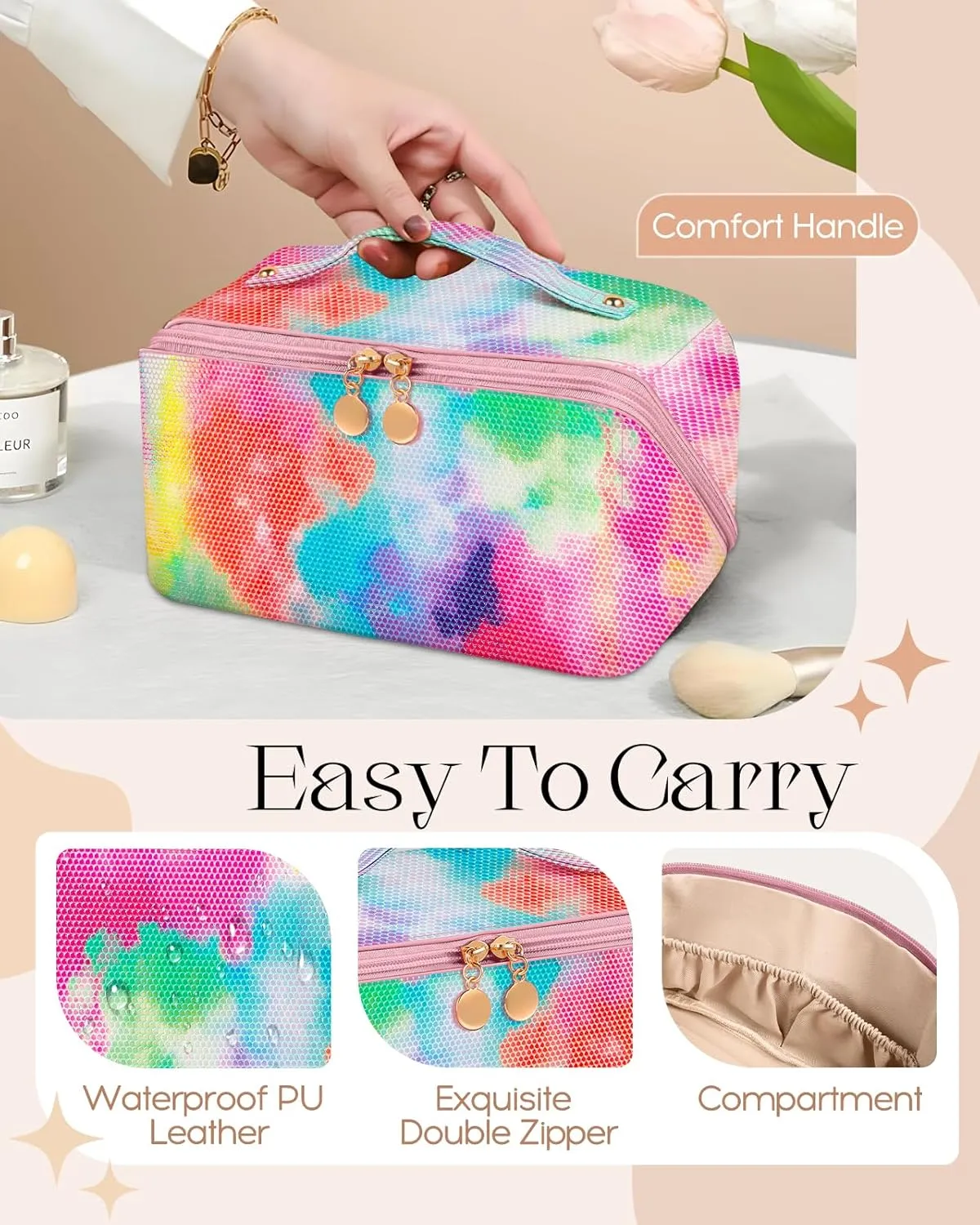 Bistup Makeup Bag Travel Cosmetic Bag Toiletry Make Up Bags Cute Women Large Capacity Big Medium Leather Iridescent Colorful Aesthetic Girl Teen Teenage Foldable Expandable Open Flat Zip