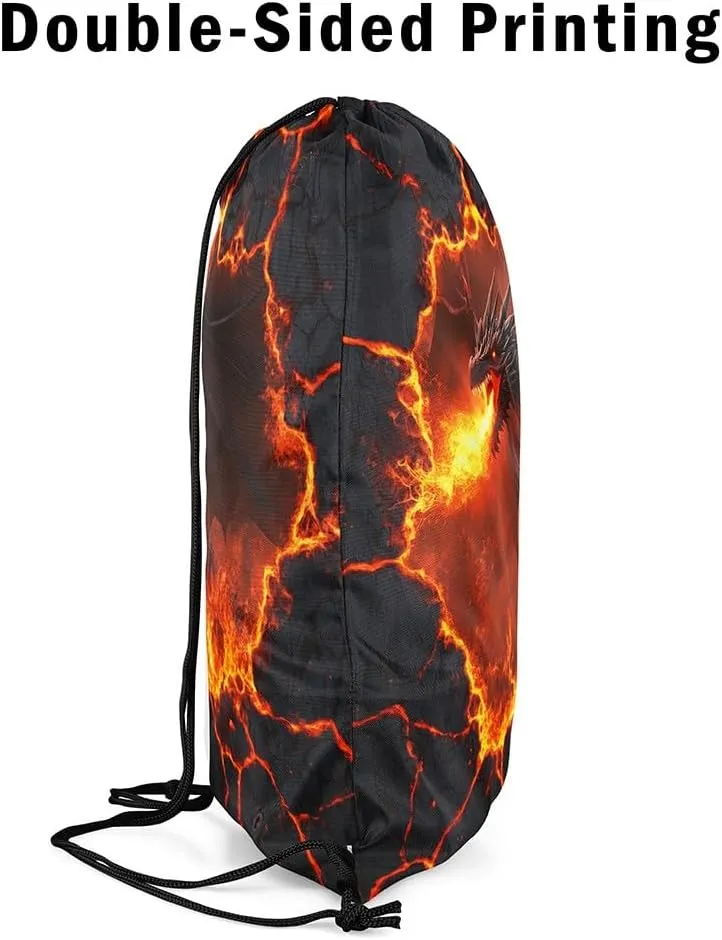 Black Dragon Waterproof Drawstrings Backpacks,Red Flame Volcano Eruption Lava 3D Print Bags for Shopping Travelling,Natural Disaster Dragon Mystic Animal Sackpacks Gym Swim Packs Daypack