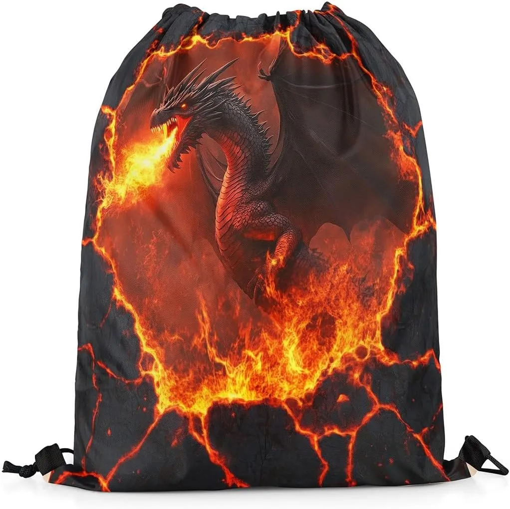 Black Dragon Waterproof Drawstrings Backpacks,Red Flame Volcano Eruption Lava 3D Print Bags for Shopping Travelling,Natural Disaster Dragon Mystic Animal Sackpacks Gym Swim Packs Daypack