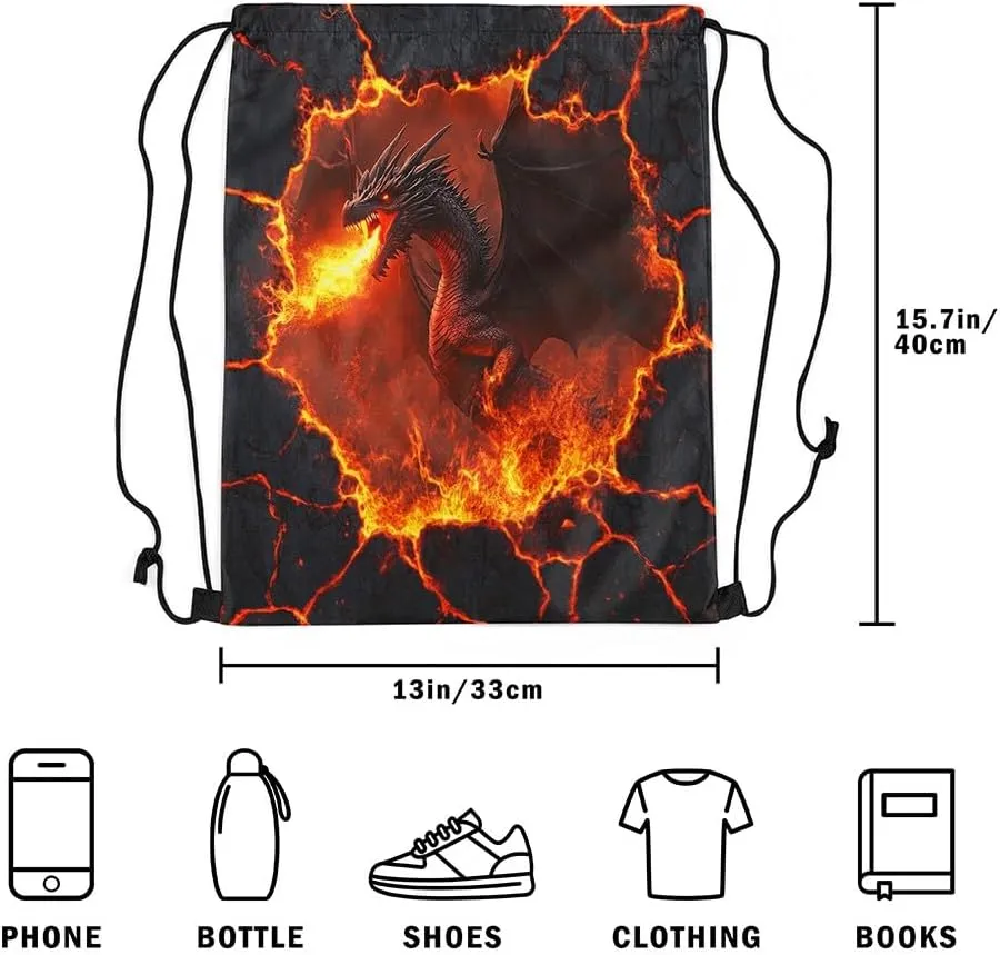 Black Dragon Waterproof Drawstrings Backpacks,Red Flame Volcano Eruption Lava 3D Print Bags for Shopping Travelling,Natural Disaster Dragon Mystic Animal Sackpacks Gym Swim Packs Daypack