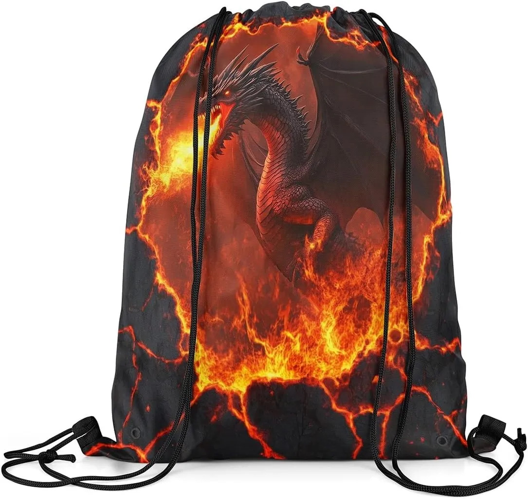 Black Dragon Waterproof Drawstrings Backpacks,Red Flame Volcano Eruption Lava 3D Print Bags for Shopping Travelling,Natural Disaster Dragon Mystic Animal Sackpacks Gym Swim Packs Daypack